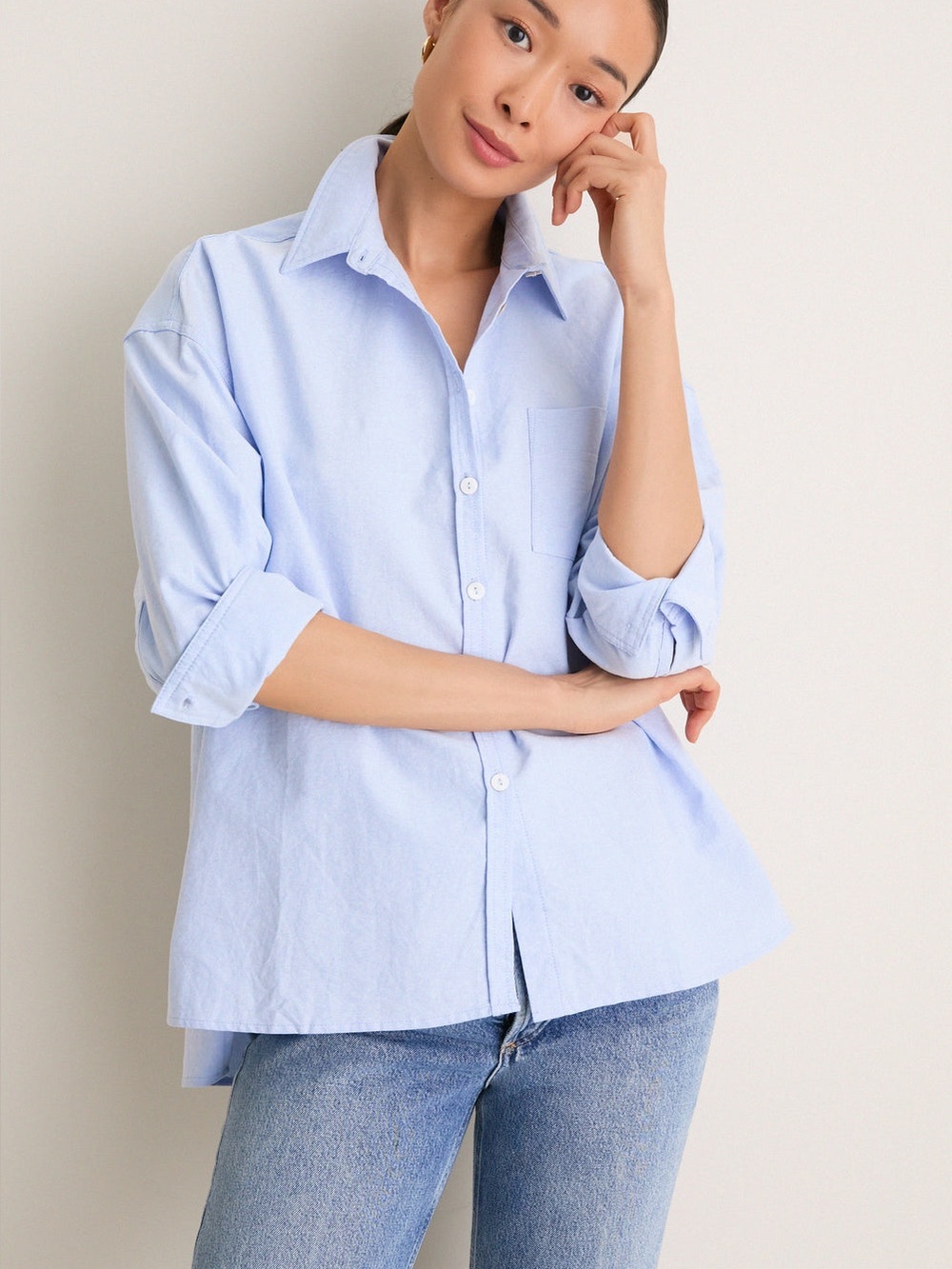 Pomander Place Blue Oxford Adair Boyfriend Button Up Shirt Minimal Preppy Sz XS